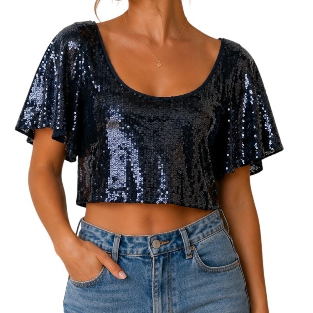 Free People Navy Blue Sequin Open Back Flutter Sleeve Crop Top Women's Large